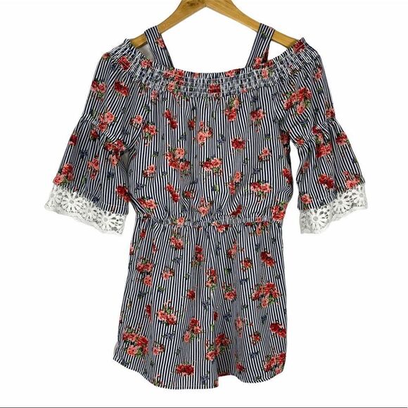 My Michelle Blue and White Striped Floral Romper - Picture 3 of 13